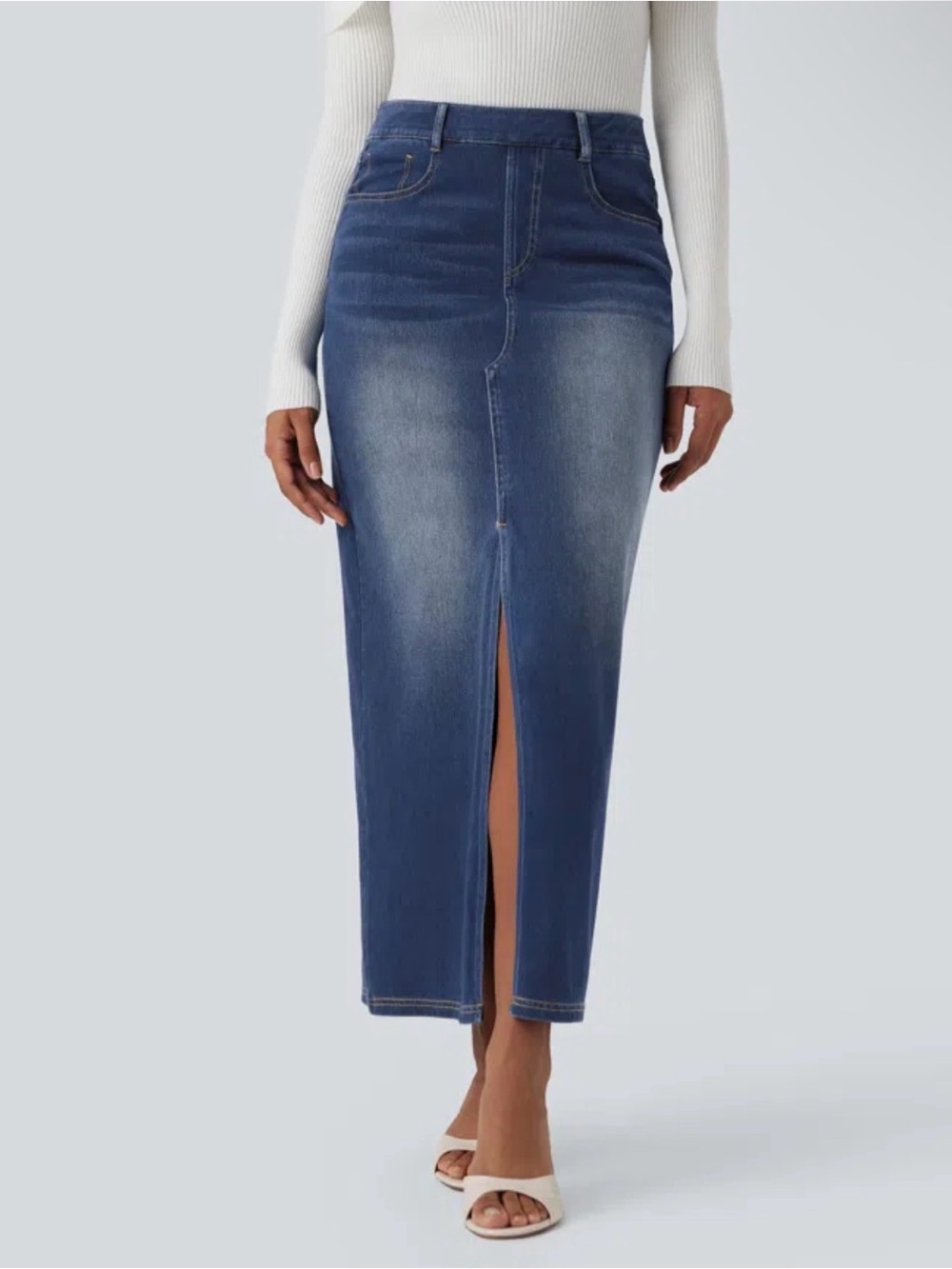 Halara Flex™ High Waisted Washed Denim Straight Maxi Casual Skirt with PocketsXL